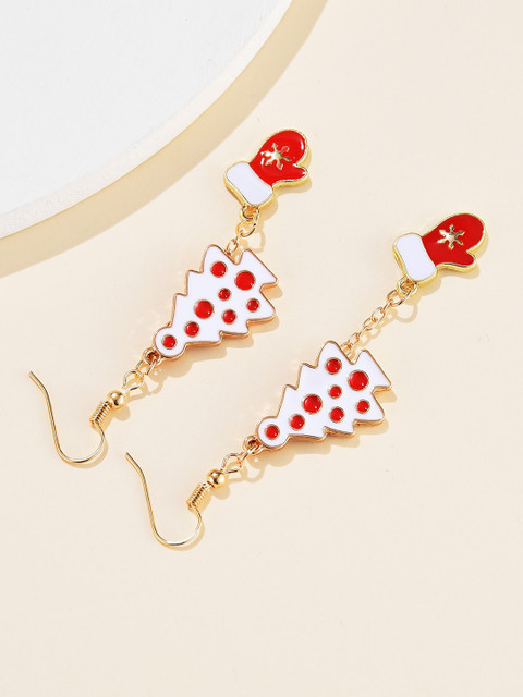 

URBANIC Gold-Toned & White Enamelled Christmas Tree & Mittens Drop Earrings