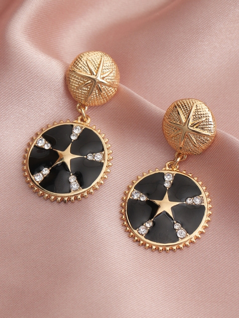 

URBANIC Gold-Toned & Black Enamelled Stone-Studded Circular Drop Earrings