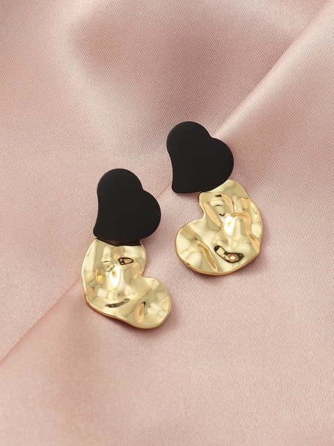 

URBANIC Gold-Toned & Black Heart Shaped Hammered Drop Earrings