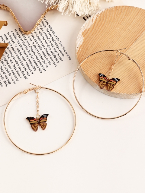 

URBANIC Gold-Toned & Black Circular Hoop Earrings with Butterfly Detail