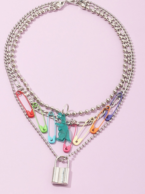 

URBANIC Silver-Toned & Pink Lock & Safety Pin Layered Necklace