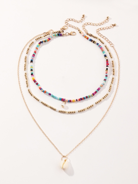 

URBANIC Set of 3 Multicoloured & Gold-Toned Beaded Shell Necklace, Multi