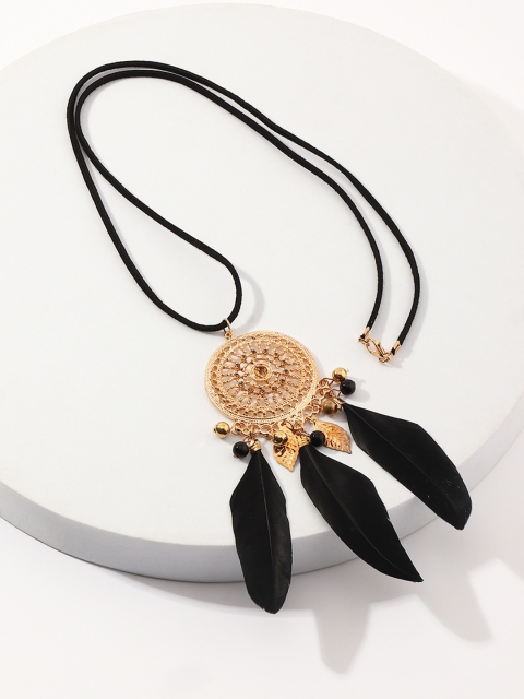 

URBANIC Black & Gold-Toned Stone Studded Feather Necklace