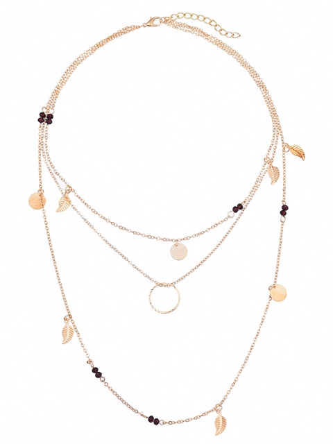 

URBANIC Gold-Toned & Maroon Beaded Leaf & Coin Charm Layered Necklace