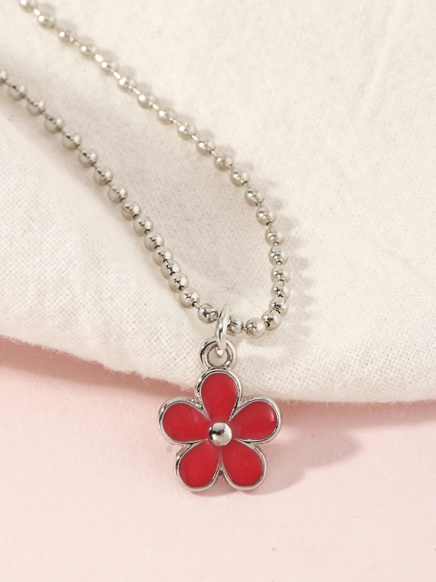 

URBANIC Silver-Toned & Red Enamelled Floral Necklace
