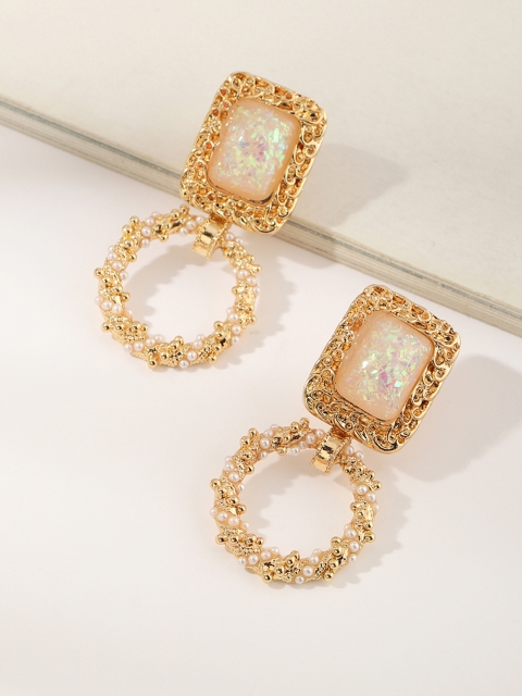 

URBANIC Gold-Toned & White Stone-Studded & Beaded Geometric Drop Earrings
