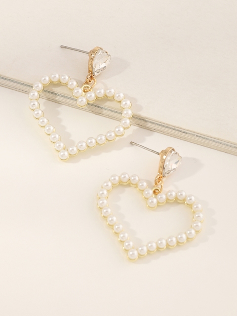 

URBANIC White & Gold-Toned Stone-Studded & Beaded Heart Shaped Drop Earrings