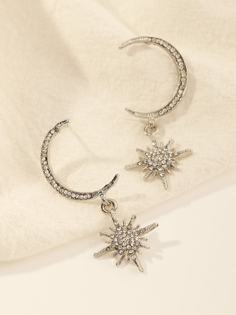 

URBANIC Silver-Toned Stone-Studded Crescent Shaped Drop Earrings