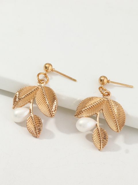 

URBANIC Gold-Toned & Off-White Beaded Leaf Shaped Drop Earrings