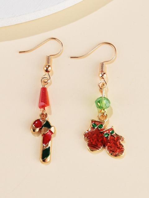 

URBANIC Gold-Toned & Red Enamelled Beaded Christmas Mismatched Drop Earrings