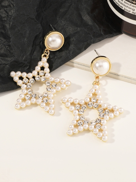 

URBANIC White & Gold-Toned Stone-Studded & Beaded Star Shaped Drop Earrings