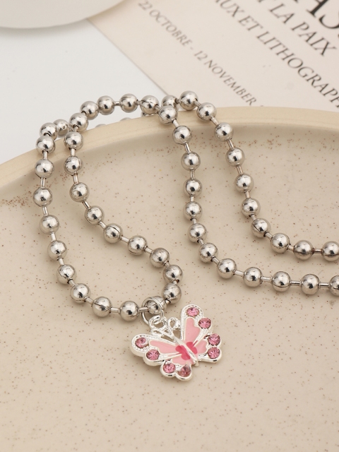 

URBANIC Silver-Toned & Pink Stone-Studded Butterfly Necklace