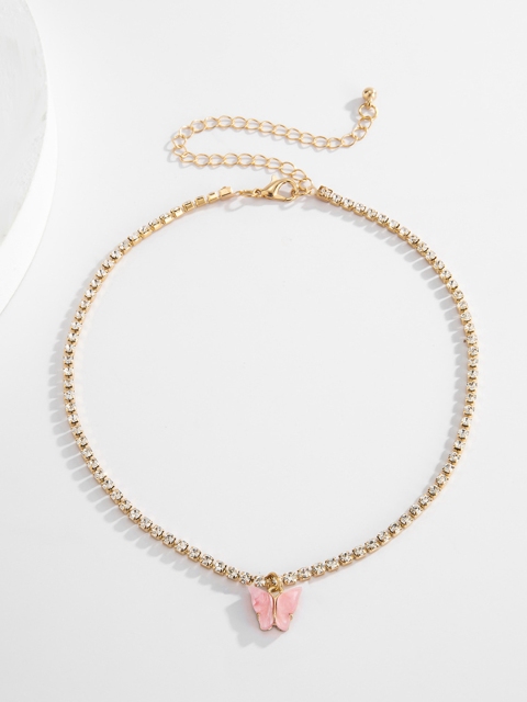 

URBANIC Gold-Toned & Pink Butterfly Pendant With Studded Chain