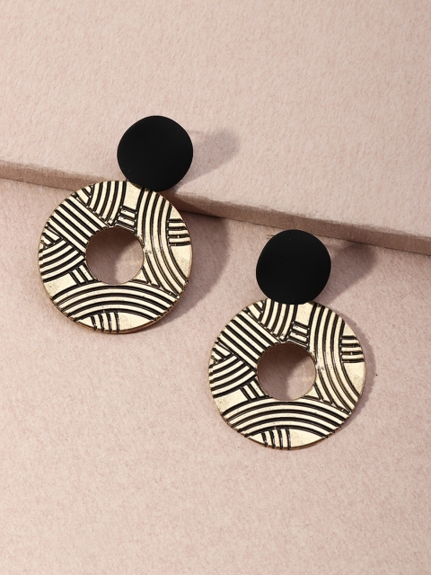 

URBANIC Antique Gold-Toned & Black Textured Circular Drop Earrings