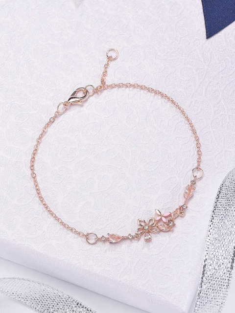 

URBANIC Women Rose Gold Toned Stone Studded Floral Charm Link Bracelet