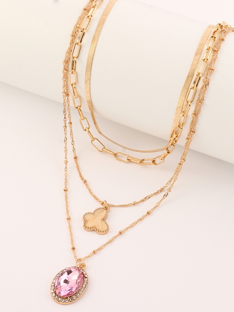 

URBANIC Gold-Toned & Pink Enamelled Layered Beaded Stone-Studded Necklace