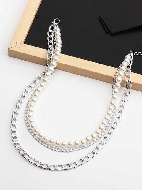 

URBANIC Silver-Toned & Off-White Beaded Layered Necklace