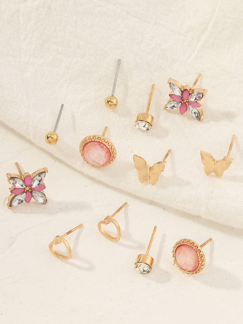 

URBANIC Women Set of 6 Gold-Toned & Rose Circular Studs Earrings