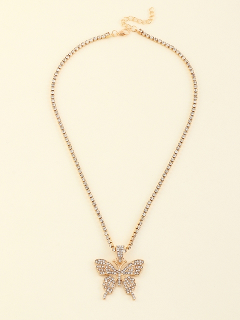 

URBANIC Gold-Toned Stone-Studded Butterfly Pendant with Chain