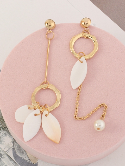 

URBANIC Gold-Toned & Off-White Beaded Mismatch Drop Earrings