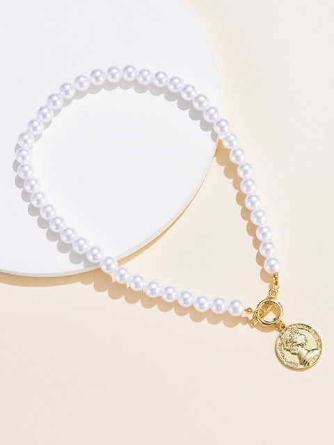 

URBANIC Gold-Toned & White Beaded Circular Necklace