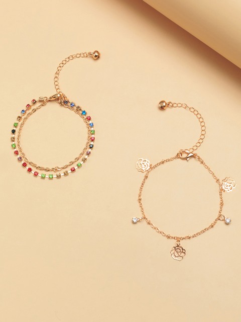 

URBANIC Women Set of 2 Gold-Toned & Multicoloured Studded Link Bracelet
