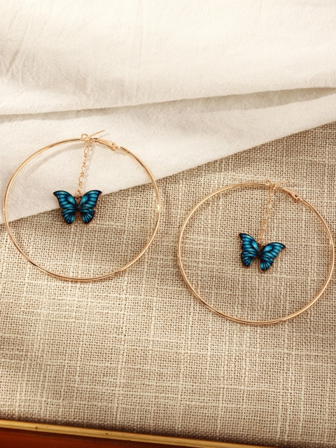 

URBANIC Gold-Toned & Blue Butterfly-Shaped Enamelled Circular Hoop Earrings