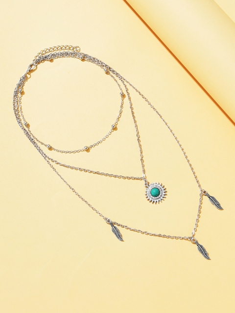 

URBANIC Silver-Toned & Green Circular & Leaf Charm Stone Studded Layered Necklace