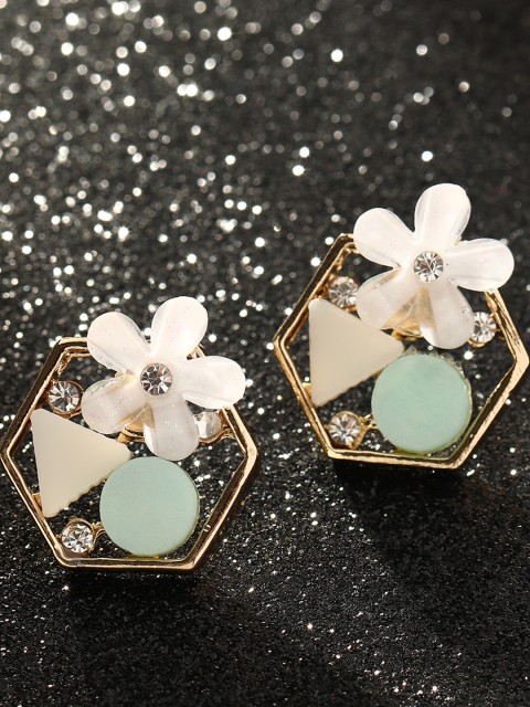 

URBANIC Off-White & Green Stone-Studded Floral Studs
