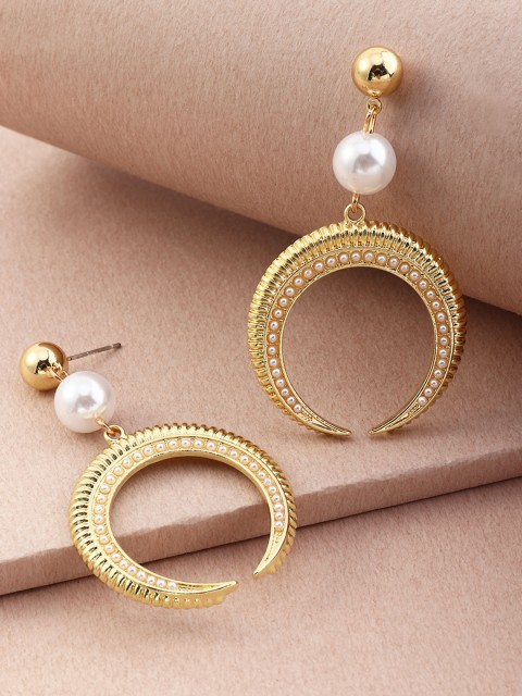 

URBANIC Gold-Toned & Off-White Beaded Crescent Shaped Drop Earrings