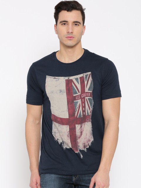 

Lee Cooper Men Navy Printed Round Neck Pure Cotton T-shirt, Navy blue