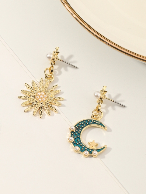

URBANIC Gold-Toned & Teal Blue Sun & Moon Shaped Beaded Mismatched Drop Earrings