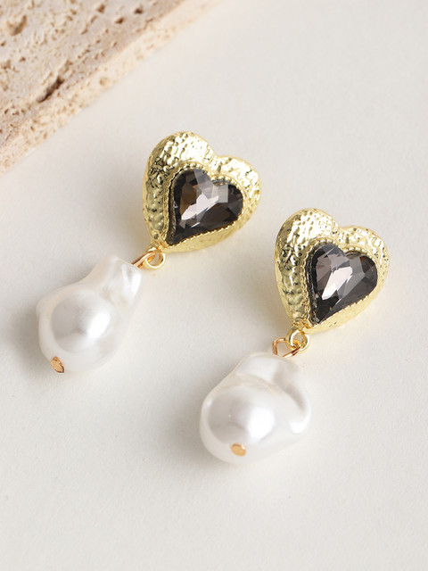 

URBANIC Gold-Toned & White Heart Shaped Drop Earrings