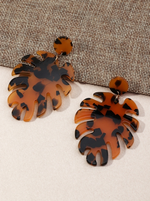 

URBANIC Mustard Brown & Black Enamelled Leaf Shaped Drop Earrings