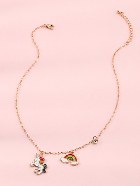 

URBANIC Gold-Toned Stone-Studded Enamelled Necklace with Unicorn & Rainbow Detail