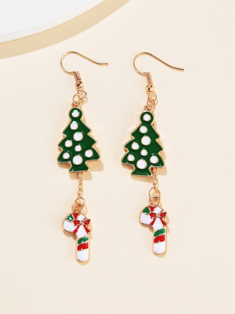 

URBANIC Gold-Toned & Green Enamelled Christmas Tree Drop Earrings