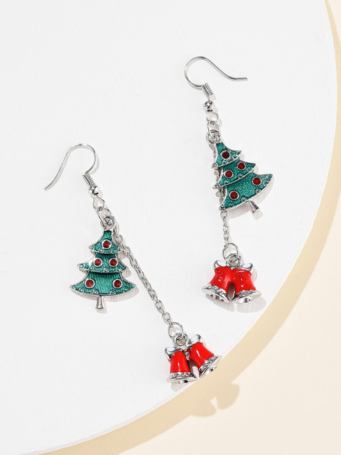 

URBANIC Silver-Toned & Green Christmas Drop Earrings