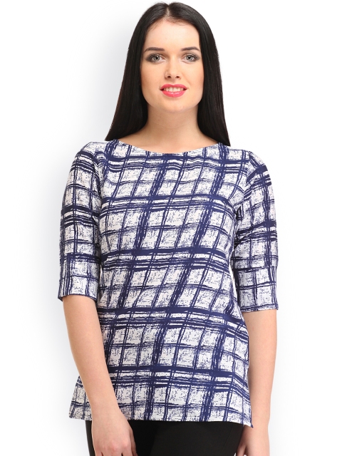 

Cottinfab Women White & Blue Checked Regular Top