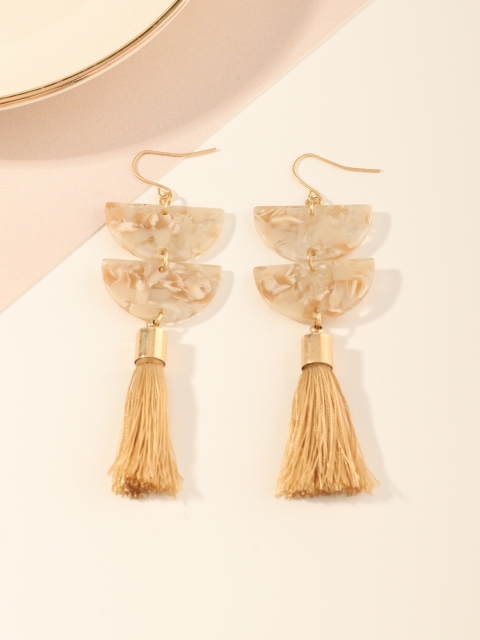 

URBANIC Gold-Toned & Beige Marble Finish Tasselled Geometric Drop Earrings