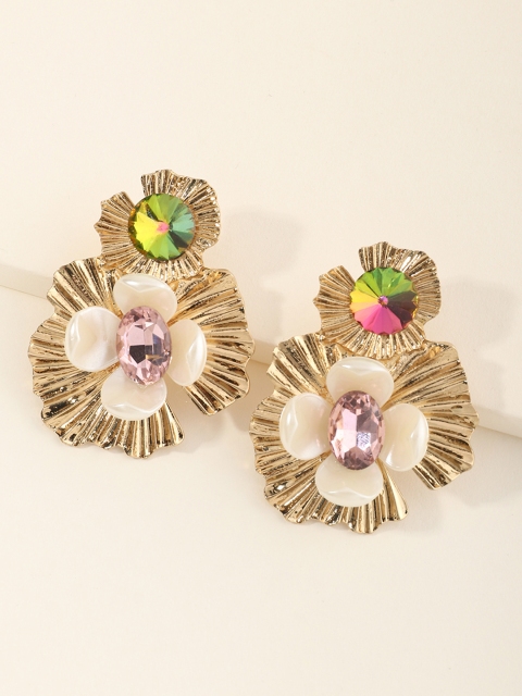 

URBANIC Gold-Toned & Pink Stone-Studded Beaded Floral Drop Earrings