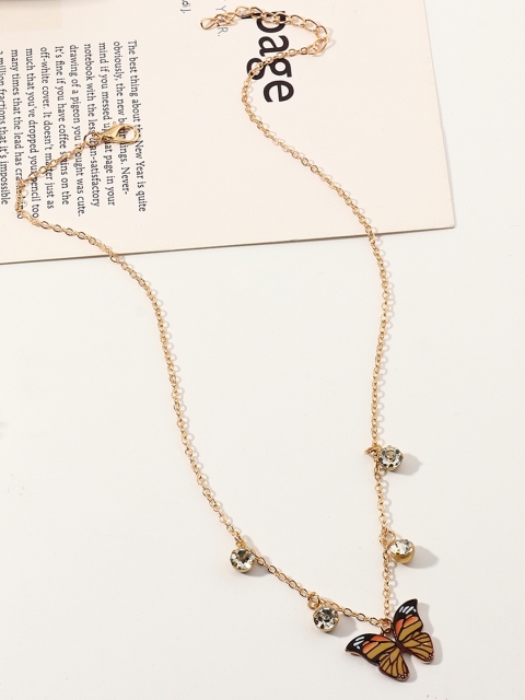 

URBANIC Gold-Toned Stone Studded Butterfly Enamelled Link Necklace