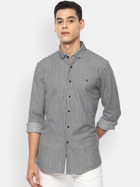 

Louis Philippe Jeans Men White & Charcoal Grey Slim Fit Striped Cotton Casual Shirt