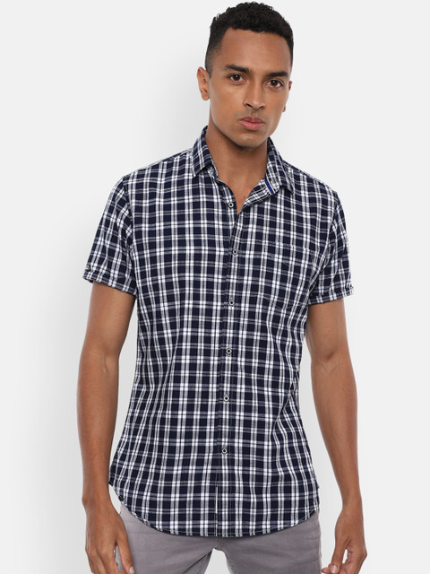 

VAN HEUSEN DENIM LABS Men Navy Blue Slim Fit Opaque Checked Casual Shirt