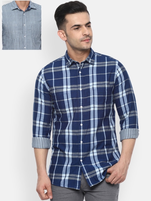 

VAN HEUSEN DENIM LABS Men Navy Blue Slim Fit Tartan Checks Opaque Reversible Casual Shirt