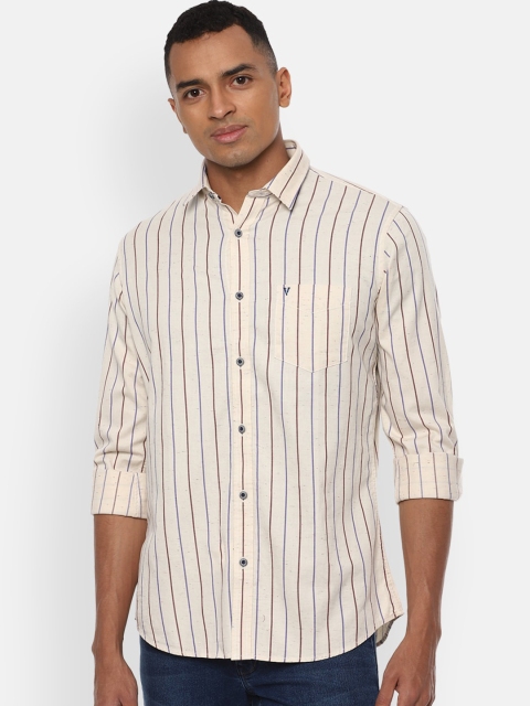 

VAN HEUSEN DENIM LABS Men Beige Slim Fit Opaque Striped Casual Shirt