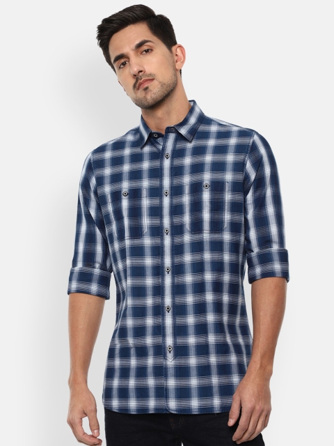 

VAN HEUSEN DENIM LABS Men Navy Blue Slim Fit Opaque Checked Casual Shirt