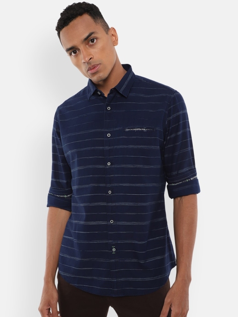 

VAN HEUSEN DENIM LABS Men Navy Blue Slim Fit Horizontal Stripes Opaque Casual Shirt