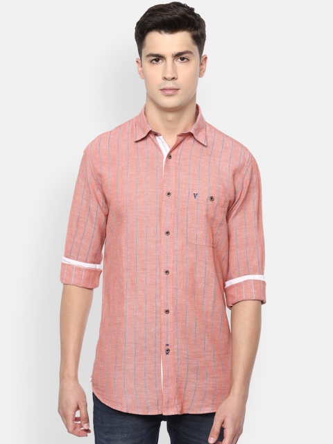 

VAN HEUSEN DENIM LABS Men Peach-Coloured Slim Fit Opaque Striped Casual Shirt