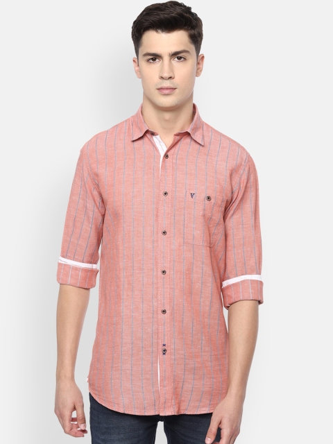 

VAN HEUSEN DENIM LABS Men Peach-Coloured Slim Fit Opaque Striped Casual Shirt