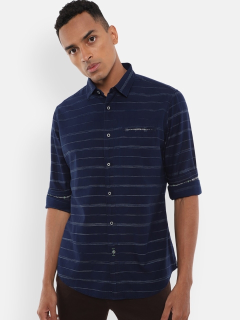 

VAN HEUSEN DENIM LABS Men Navy Blue Slim Fit Horizontal Stripes Opaque Casual Shirt